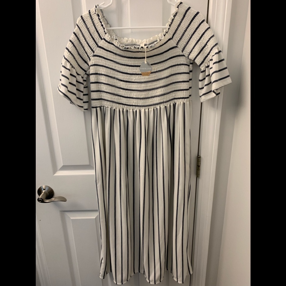 PinkBlush Maternity Striped Off Shoulder Midi